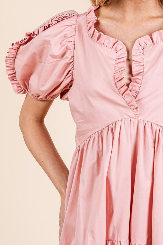 Ruffle Trim Puff Sleeve Tiered Babydoll Midi Dress – Fluttering, Sweet, Elegant, Feminine, and Trendy Babydoll Midi Dress with Ruffle Trim and Puff Sleeves