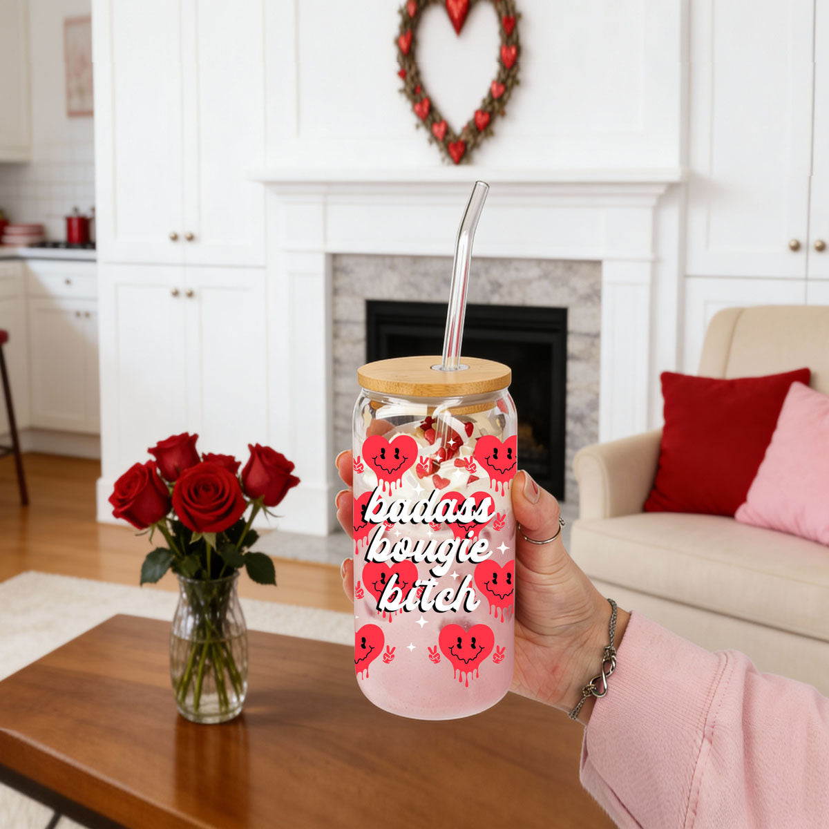 Wholesale 20oz glass cups with red smiley face candy hearts and peace sign.
Bold and empowering wholesale Valentine’s Day gifts for women.
Galentine’s Day wholesale glass cups with retro candy heart designs.