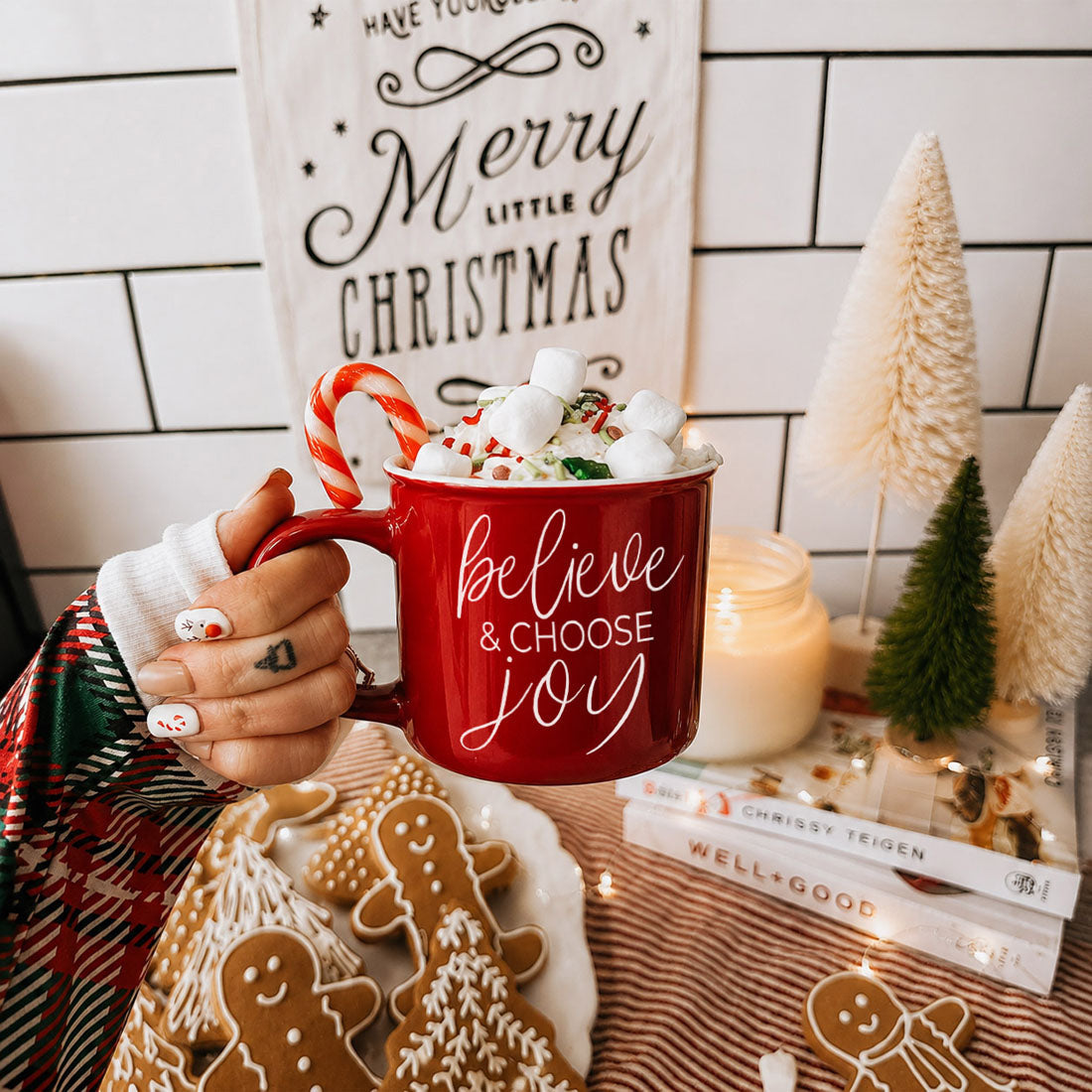 holiday hostess gift, Secret Santa gift idea, Christmas coffee bar decor, Christmas tiered tray decor, festive holiday drinkware, cute Christmas mug, inspirational Christmas mug, believe Christmas mug, choose joy mug, cozy holiday home decor.