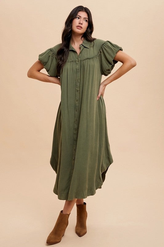 Mineral Washed Button Down Puff Sleeve Shirt Dress For Women – Fluttering, Fashionable Button Down Dress with Puff Sleeves, Mineral Wash for an Effortlessly Chic Look