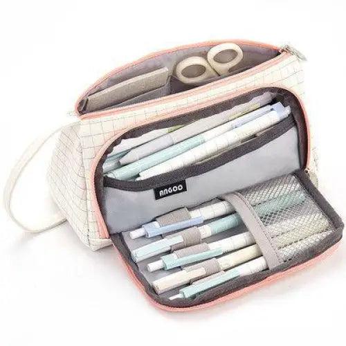 Big Storage Large Capacity Pencil Case Kids Pencil Bag For Students Vintage Grid Print Fabric Stationary Bag School Supply