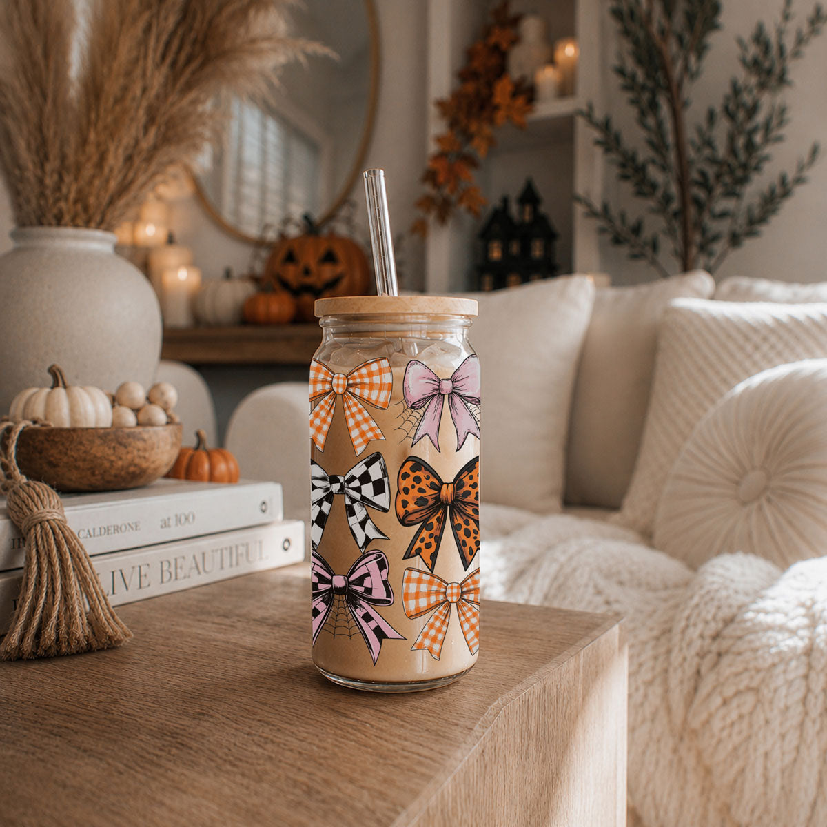 Coquette bow glass tumbler
Fall aesthetic drinking glass
Cottage core bow tumbler
Pink and orange bow drinkware
