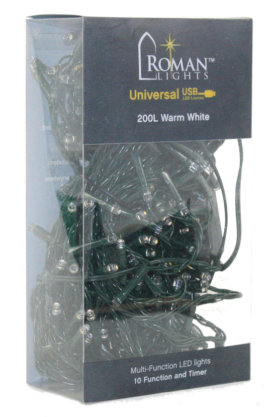 USB powered 200 LED (52 foot) Green Wire Multifunction Lights with Timer - Warm White