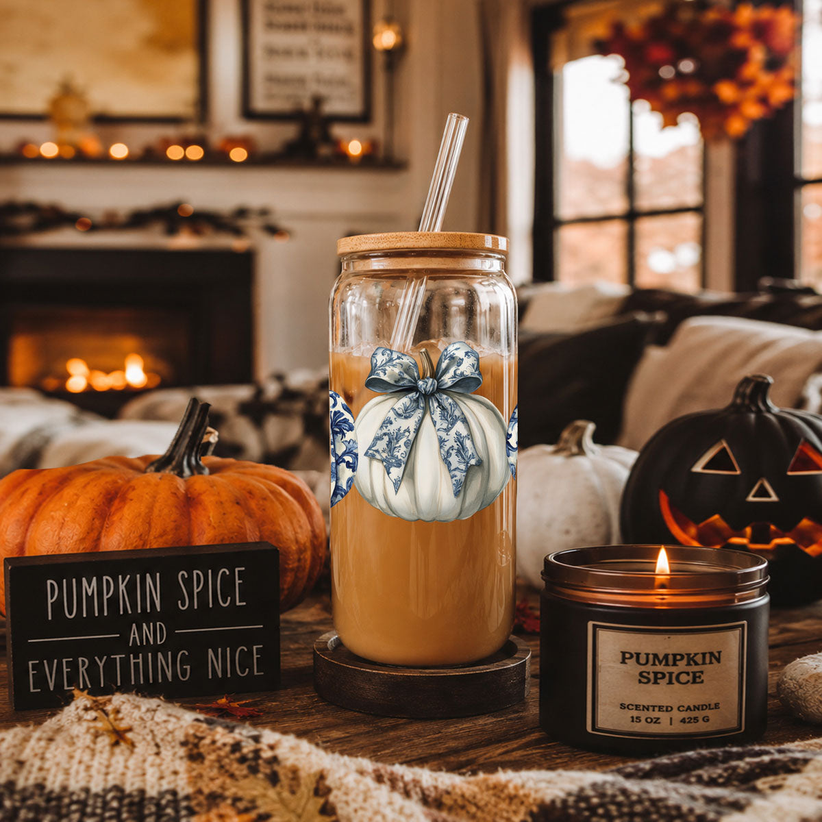 designer fall drinkware
blue bow pumpkin tumbler
luxury autumn glass collection
chinoiserie fall drinking vessel