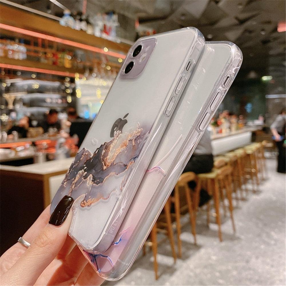 Clear Watercolor Marble Texture Phone Case For iPhone 11 Pro Max 11 Mini X XR XS Max 7 8 6s Plus Soft Back Cover Gold-Plated Silicone Mobile Phone Case Bumper Scratch-Resistant Protective Case