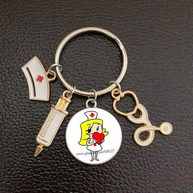 Creative Doctor Keychain Unique Personality Syringe Stethoscope Pendant Keychain Cartoon Colorful Handbag Pendant Keychain Doctor Injection Stethoscope Picture Keychain Round Dome Pendant Women Alloy Keychain