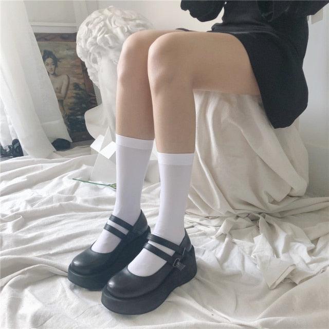 Cute Black White Velvet Warm Long Socks Solid Color Knee High Female Socks Fashion Nylon Stockings For Women