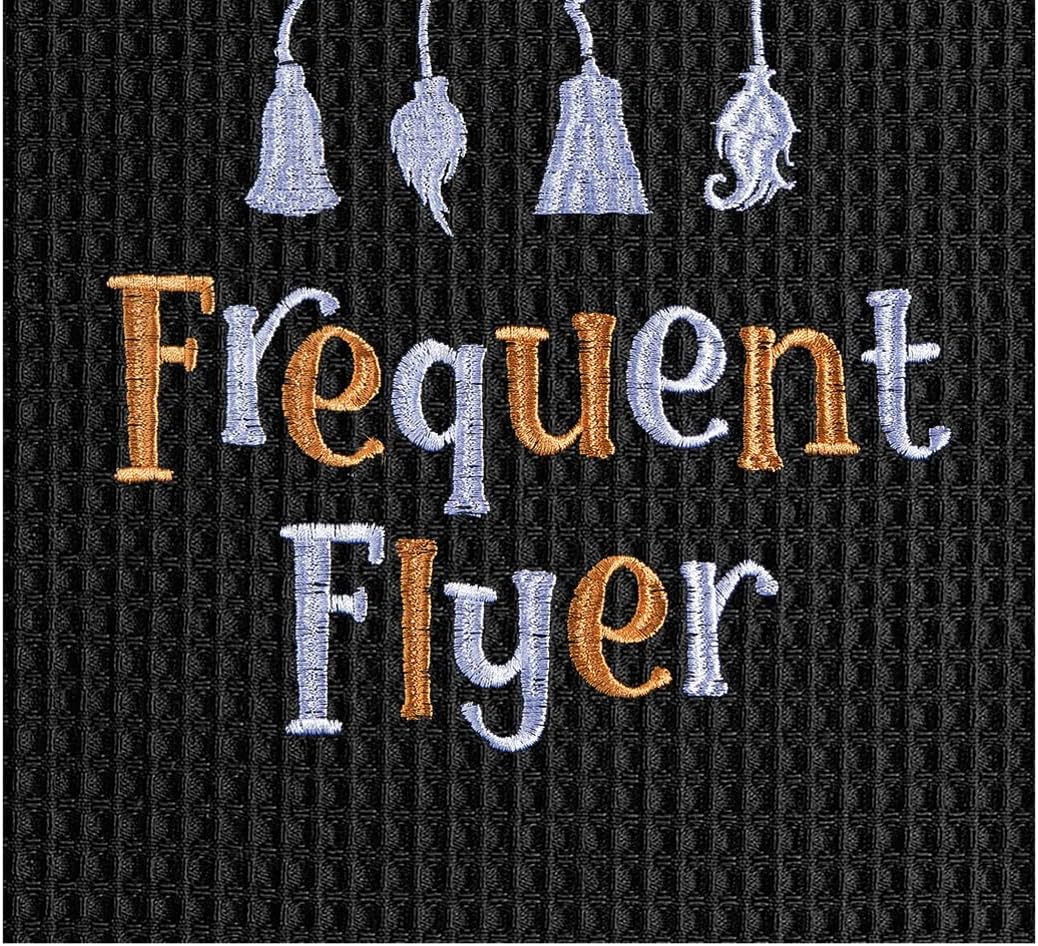 Frequent Flyer Witch Broom Halloween Embroidered Cotton Waffle Weave Towel