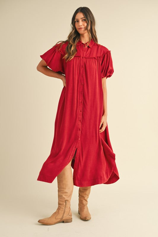 Mineral Washed Button Down Puff Sleeve Shirt Dress – Trendy Button Down Shirt Dress with Puff Sleeves and Unique Mineral Wash Finish for a Chic and Casual Look