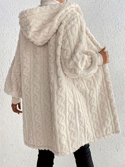 Beige Long Winter Open Front Long Sleeve Fuzzy Hooded Jacket Cozy & Stylish Outerwear