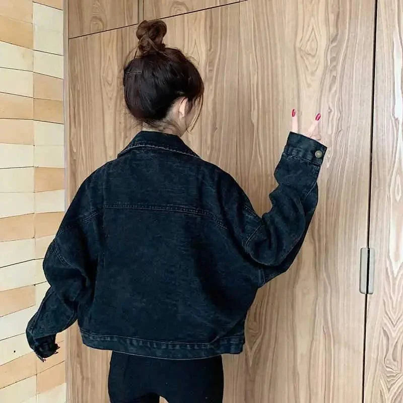 Elegance Black Denim Short Jackets For Women Loose Single Breasted Button Pockets Stylish Chic Retro Casual Streetwear For Women