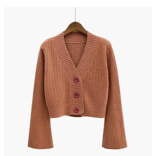 Elegance Cardigan Autumn Long Flare Sleeve Short Sweater Women Ribbed Knitted Cotton Tops Black White Ladies Soft Outwear Female