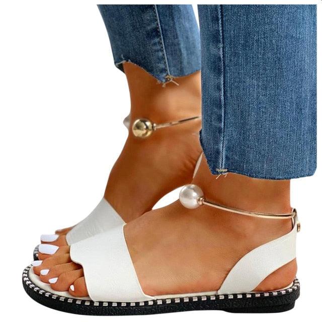 Elegant White Women Fashion Sandals Solid Round Toe Pearl Buckle Casual Sandals Shoes New Summer Outdoor Non-slip Flip Flop Dressy Sandals Cute Round Toe Strappy Wedding Shoes