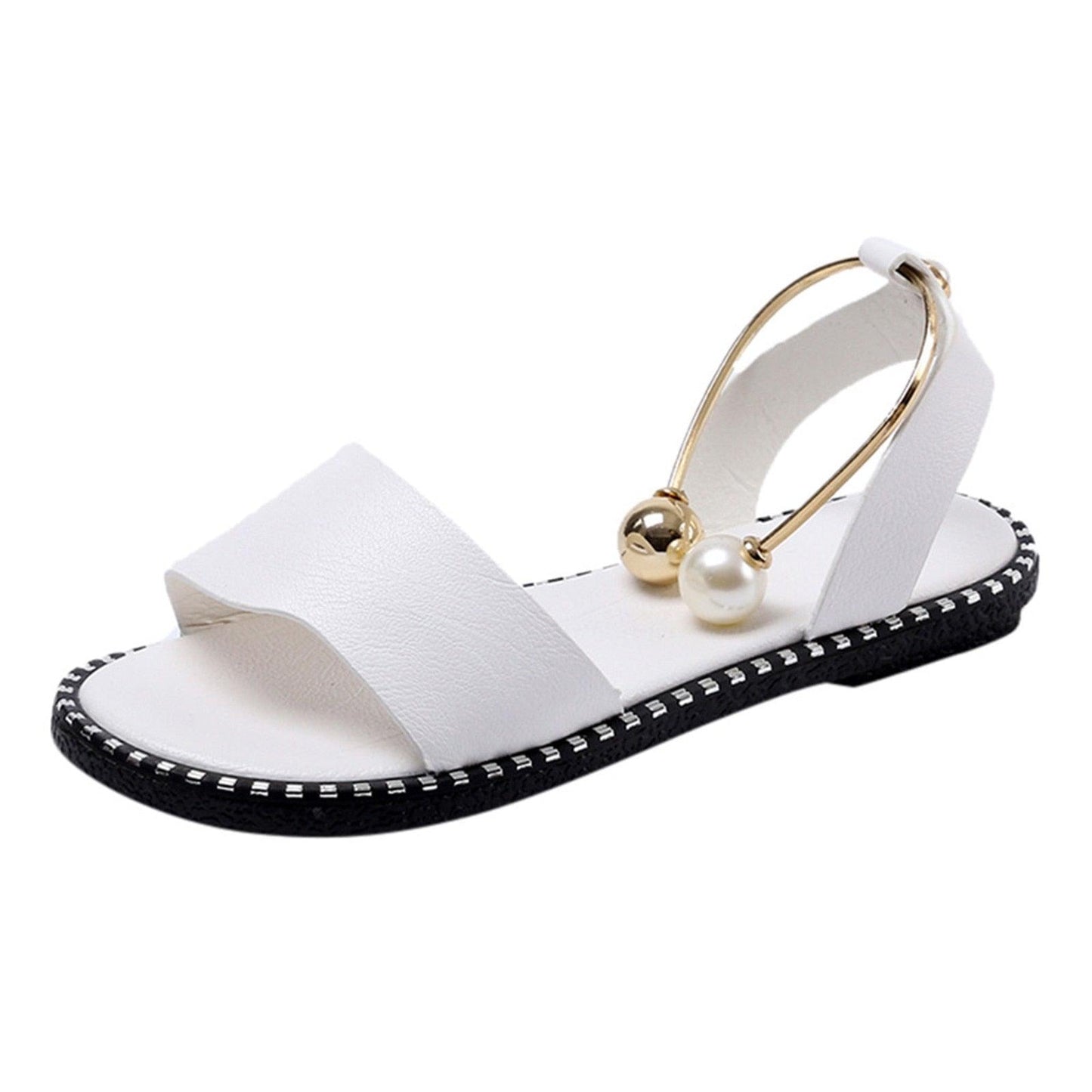 Elegant White Women Fashion Sandals Solid Round Toe Pearl Buckle Casual Sandals Shoes New Summer Outdoor Non-slip Flip Flop Dressy Sandals Cute Round Toe Strappy Wedding Shoes