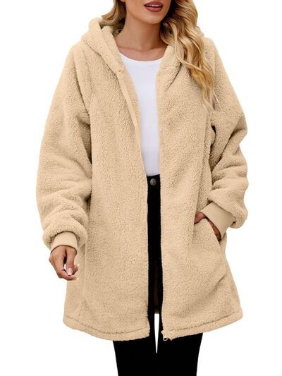 Comfortable Fuzzy Pocketed Zip-Up Long Sleeve Hooded Jacket Cozy & Warm Soft Outerwear For Winter