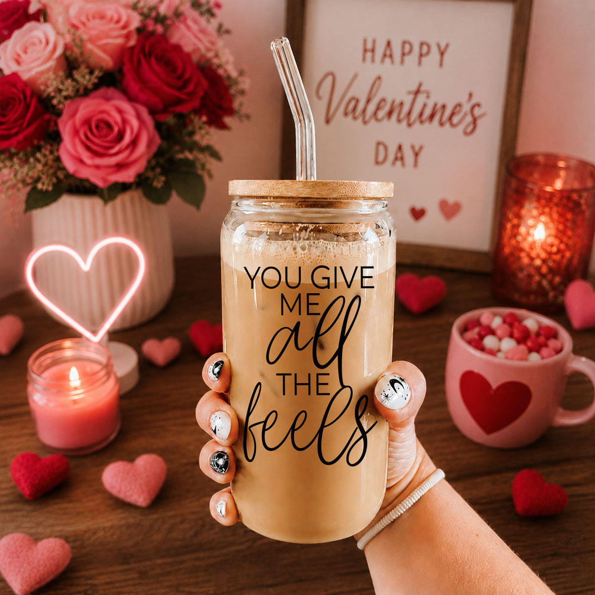 valentines cup
valentines gift girlfriend
anti valentines day gifts
You Give Me All the Feels 20oz glass cup, bamboo lid, funny V-Day gift.