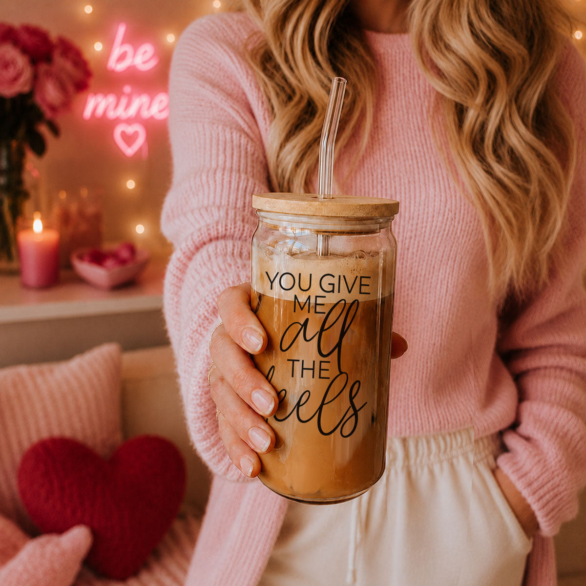 Perfect 20oz glass cup with bamboo lid and straw, "You Give Me All the Feels" design.
Cute Galentine’s Day gift, 20oz glass cup with bamboo lid, "You Give Me All the Feels."
"You Give Me All the Feels" glass cup, bamboo lid, 20oz Valentine’s gift.
Funny "You Give Me All the Feels" glass cup, bamboo lid for V-Day.