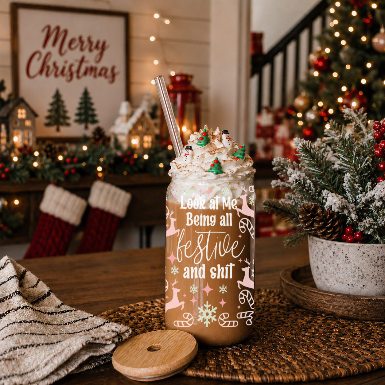 Pink reindeer Christmas decorations
funny glass christmas decorations
Funny Christmas Mug
pink candy cane theme
pink candy cane reindeer