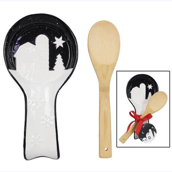 Ceramic Country Christmas Spoon Rest with Wooden Spoon
