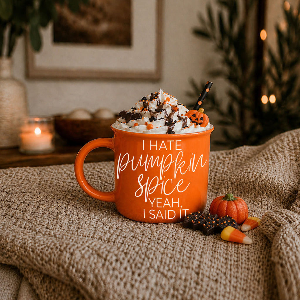 bright orange mug for autumn coffee and tea
funny fall phrase mug with modern script
unique fall coffee mug for people who hate pumpkin spice
funny orange fall mug on white background
autumn coffee mug with sarcastic message
bright orange novelty mug for fall season
cozy fall coffee cup for non pumpkin drinkers
funny quote mug for autumn mornings