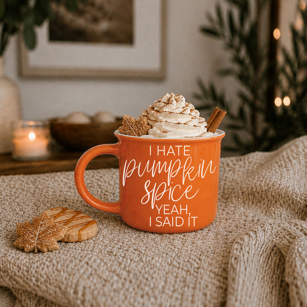 halloween themed mug with modern bold font
fall mug for snarky friends and coworkers
orange ceramic fall mug with cozy background
funny seasonal mug in autumn gift box
fall mug for latte lovers who skip pumpkin spice
cheeky orange coffee cup on kitchen counter
autumn home decor accent with bright orange mug
fall drinkware display featuring sarcastic coffee mug