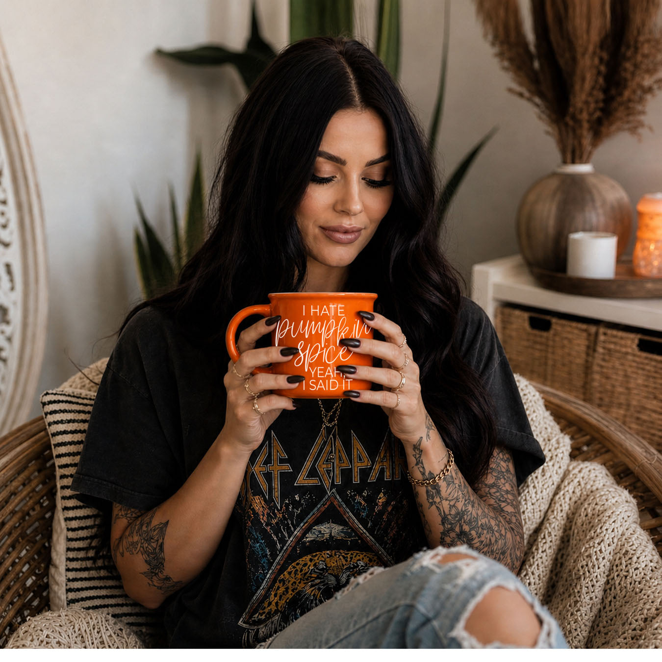 autumn caffeine mug for psl skeptics
trendy fall coffee mug with humorous phrase
orange fall mug styled with sweater and candle
funny autumn mug perfect for group photos
bright orange coffee cup with strong fall opinion
novelty fall drinkware for adults
autumn mug for people who like classic coffee