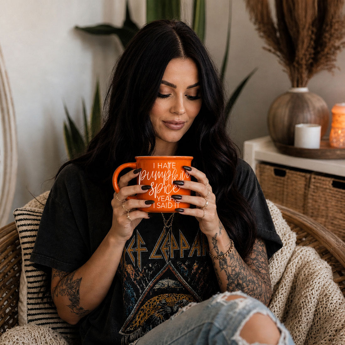 autumn caffeine mug for psl skeptics
trendy fall coffee mug with humorous phrase
orange fall mug styled with sweater and candle
funny autumn mug perfect for group photos
bright orange coffee cup with strong fall opinion
novelty fall drinkware for adults
autumn mug for people who like classic coffee