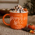 funny fall mug next to caramel drizzle dessert
halloween party coffee station with novelty mug
autumn office setup with laptop and sarcastic mug
orange ceramic mug against rustic shiplap wall
fall themed hot drink station featuring orange mug