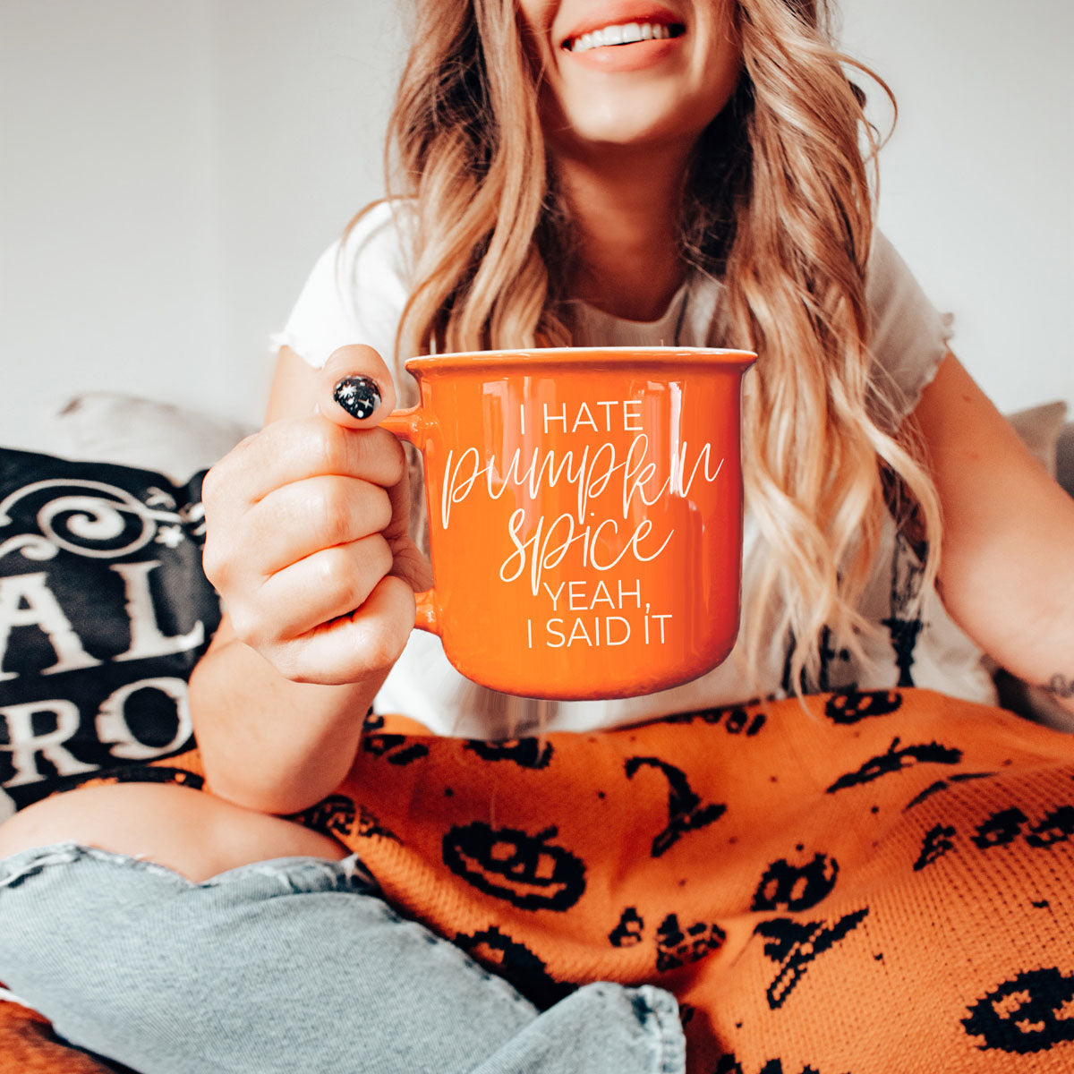 funny fall coffee mug with bold orange color
autumn novelty mug for sarcastic seasonal vibes
bright orange coffee cup on fall styled tray
funny adult fall mug with strong opinion
orange ceramic autumn mug next to cozy socks
fall coffee break scene with humorous mug
autumn kitchen shelf decor featuring orange mug
