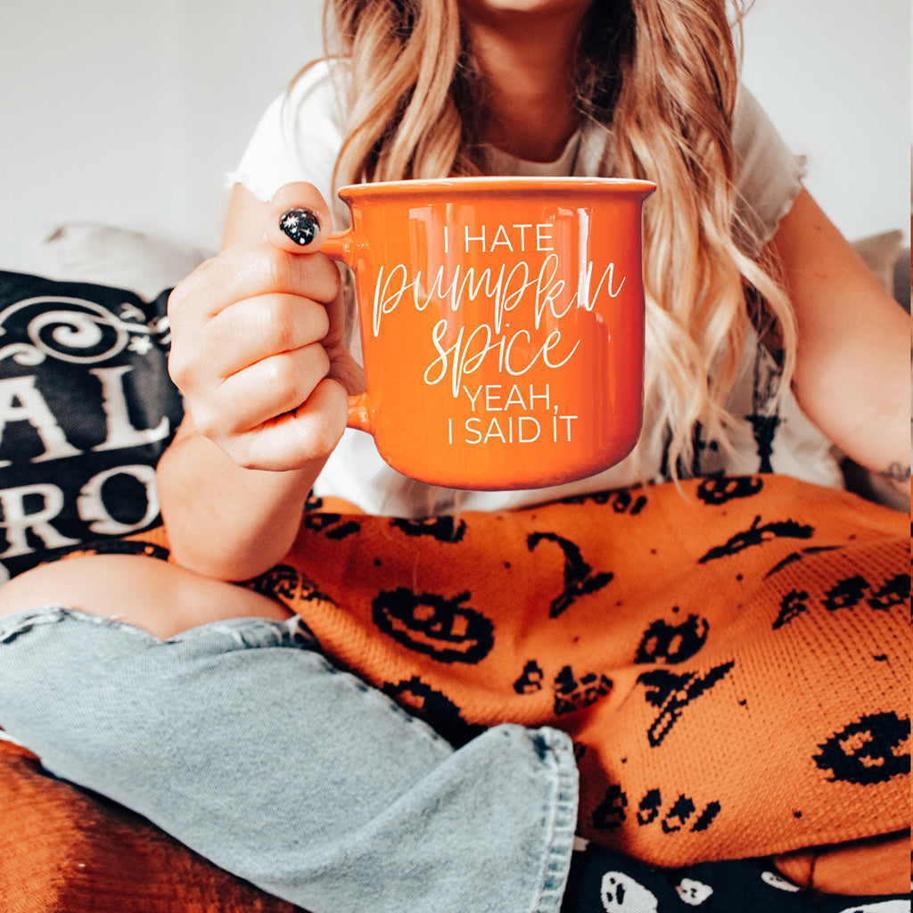 bold orange mug with anti pumpkin spice message
funny coffee mug for autumn mornings
fall mug for people who prefer regular coffee
humorous fall coffee cup with seasonal joke