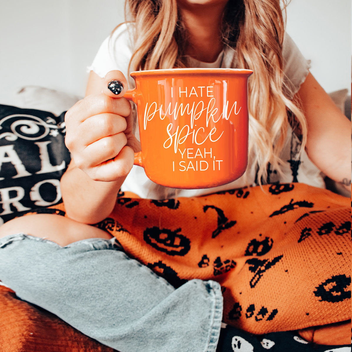 bold orange mug with anti pumpkin spice message
funny coffee mug for autumn mornings
fall mug for people who prefer regular coffee
humorous fall coffee cup with seasonal joke