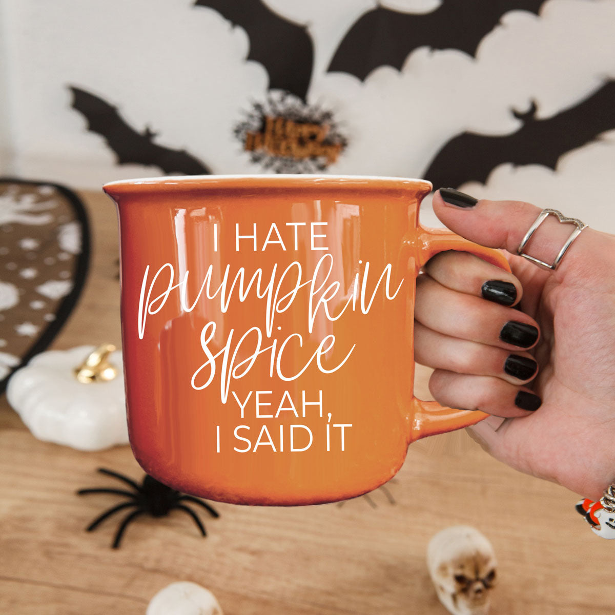 orange fall mug near window with rainy day view
funny coffee mug for chilly fall mornings
seasonal orange mug paired with baked fall treats
sarcastic fall mug in halloween coffee station