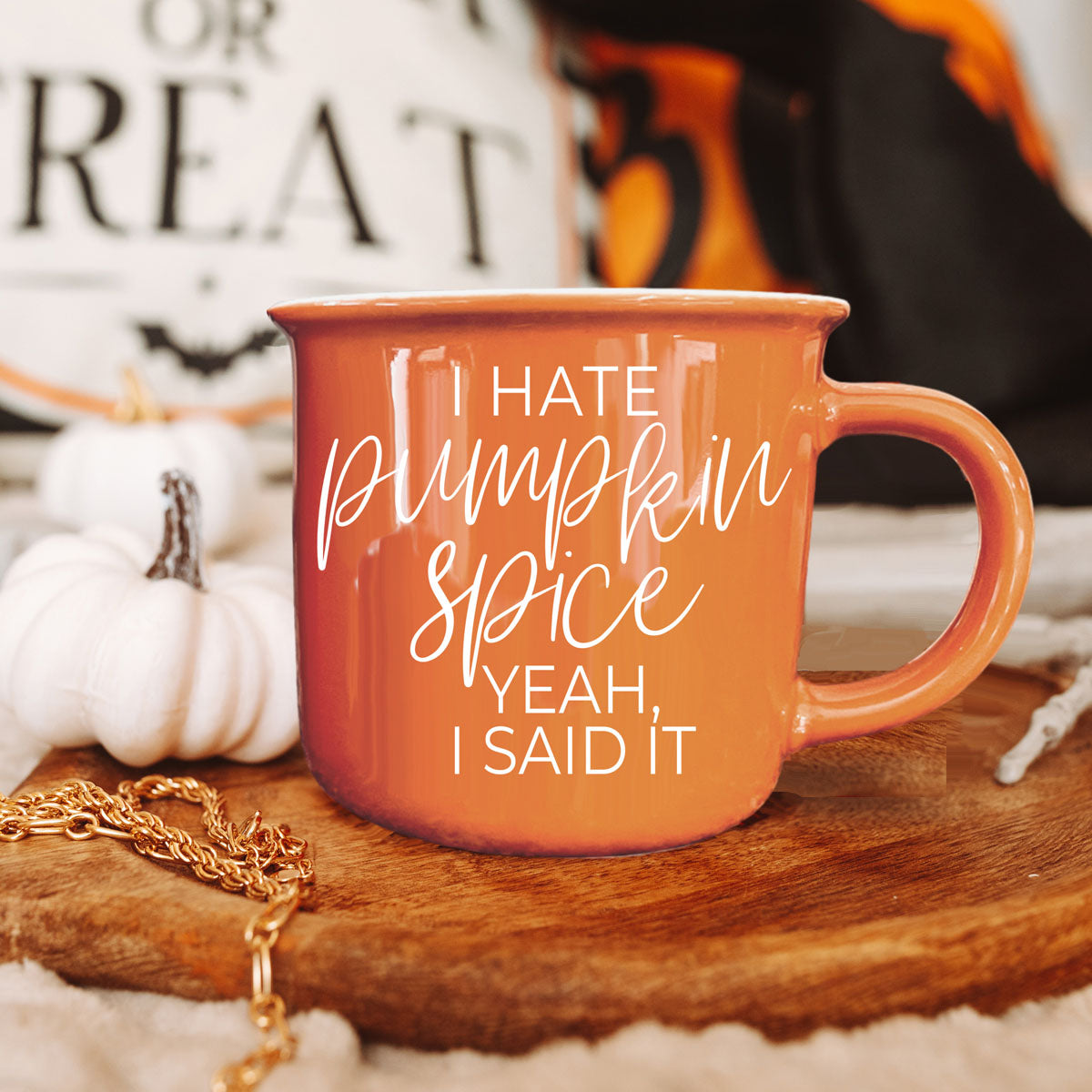 orange fall mug on rustic wooden tray
funny autumn mug with cozy blanket and candles
halloween coffee mug for sarcastic friend
fall gift idea for pumpkin spice haters