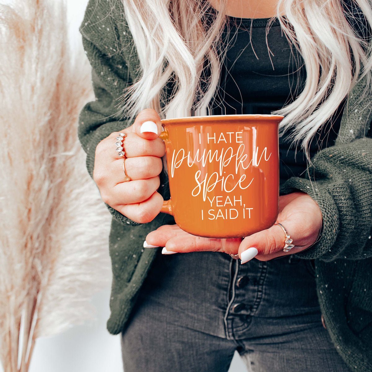funny fall mug next to caramel drizzle dessert
halloween party coffee station with novelty mug
autumn office setup with laptop and sarcastic mug