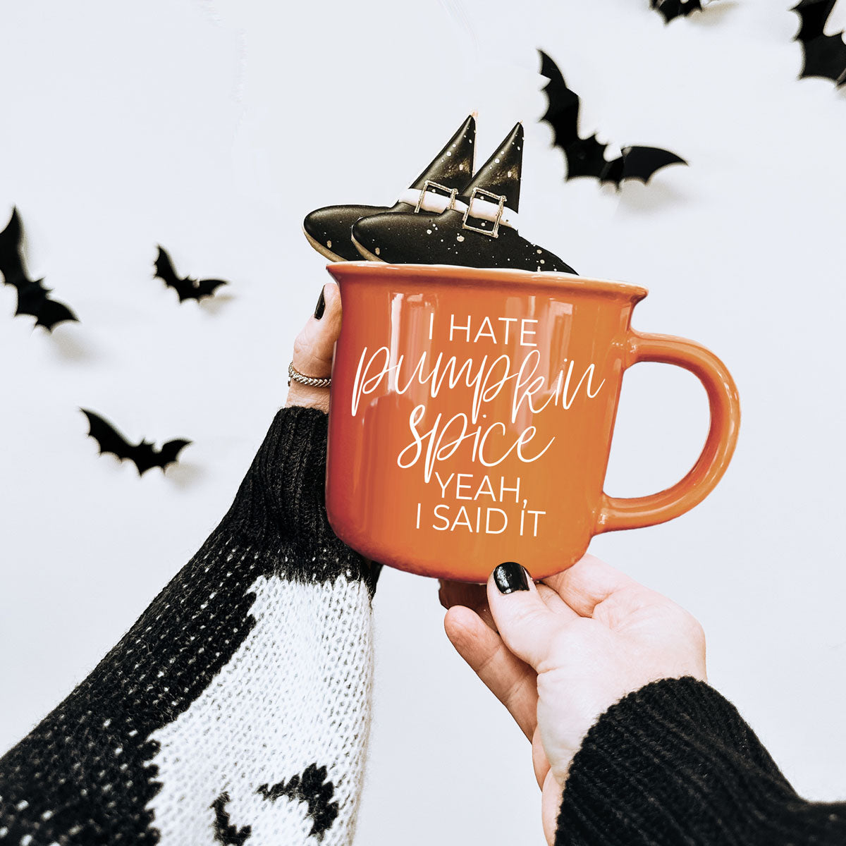 funny quote mug for autumn mornings
bold text fall coffee mug on table
orange ceramic cup with snarky fall saying
fall mug for people who are over pumpkin spice