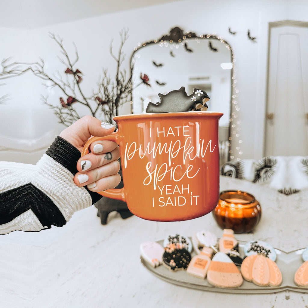funny fall mug with strong opinion about pumpkin spice
giftable fall coffee mug for snarky friends
orange autumn mug on marble countertop
fall and halloween novelty mug for adults
funny fall drinkware on neutral background
orange coffee cup in boho fall home decor
autumn flatlay with leaves notebook and funny mug
fall mug for realist who hates pumpkin flavor
