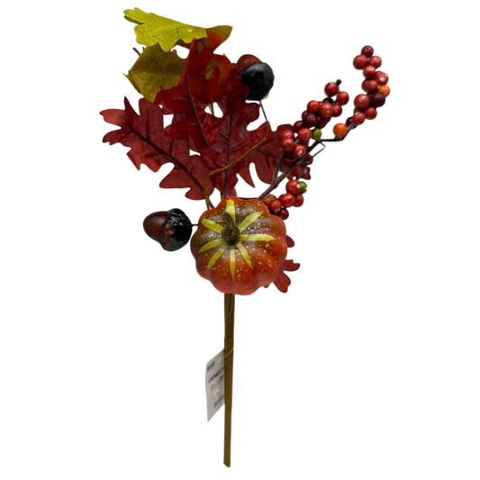 14 inch Faux Pumpkin Pick With Leaves, Acorns and Berries
