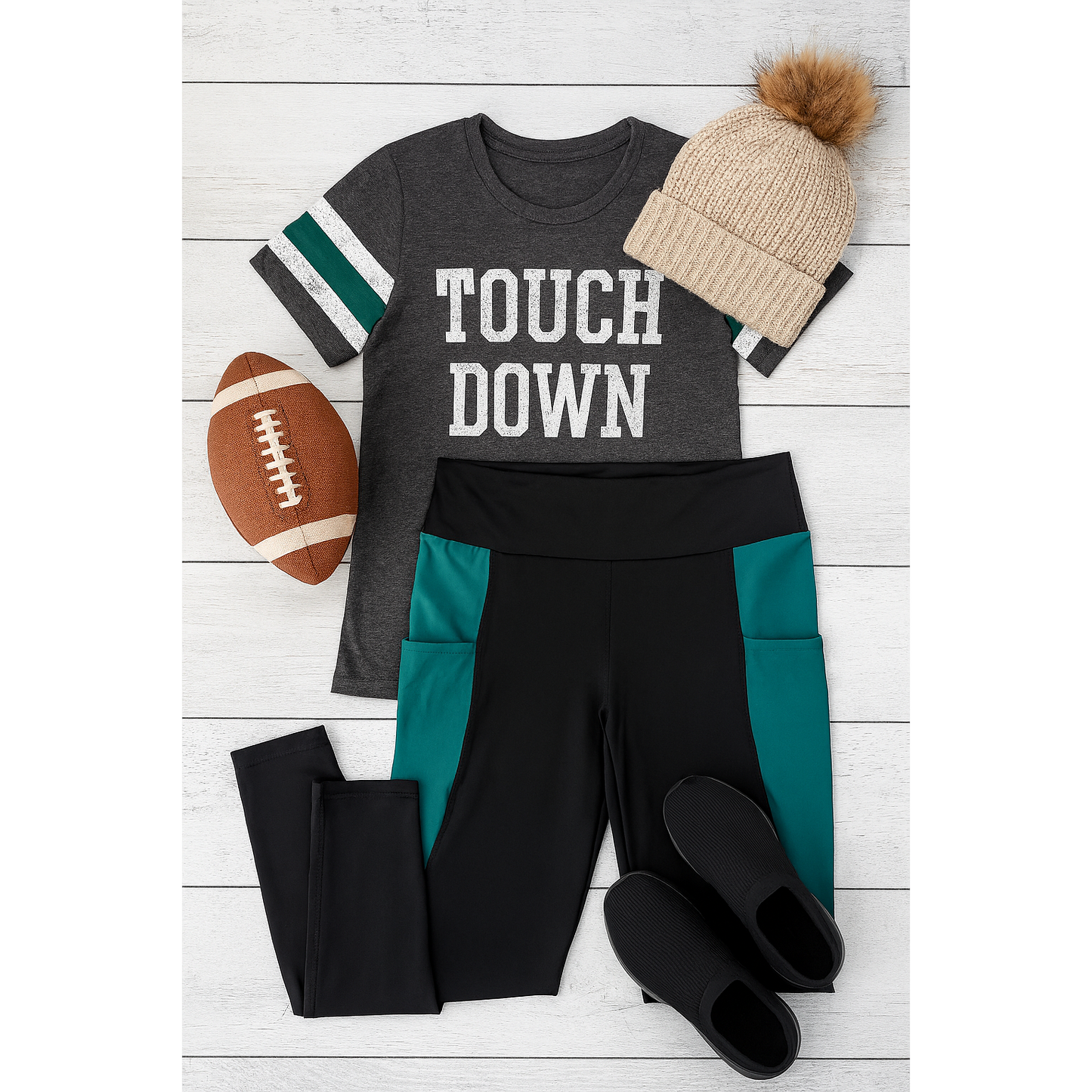 Julia Rose Gracie Green Panel Full Length Leggings women’s boutique leggings front view, Woman wearing Julia Rose Gracie leggings with green panel detail