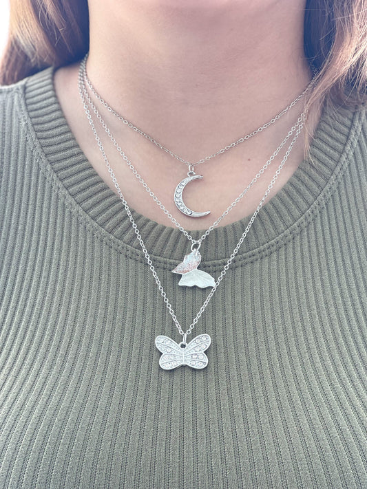 "Butterfly In The Sky" Layered Necklace Silver