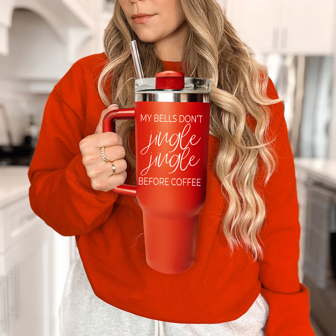 Christmas cups  with handle and lids
Christmas Cups with straws red
Holiday gift tumbler red featuring my bells dont jingle jingle before coffee message
Christmas tumbler with funny coffee quote 40oz red
Christmas white elephant gift tumbler funny 40 oz
Christmas tumbler for coffee lovers - my bells dont jingle jingle before coffee 40oz red