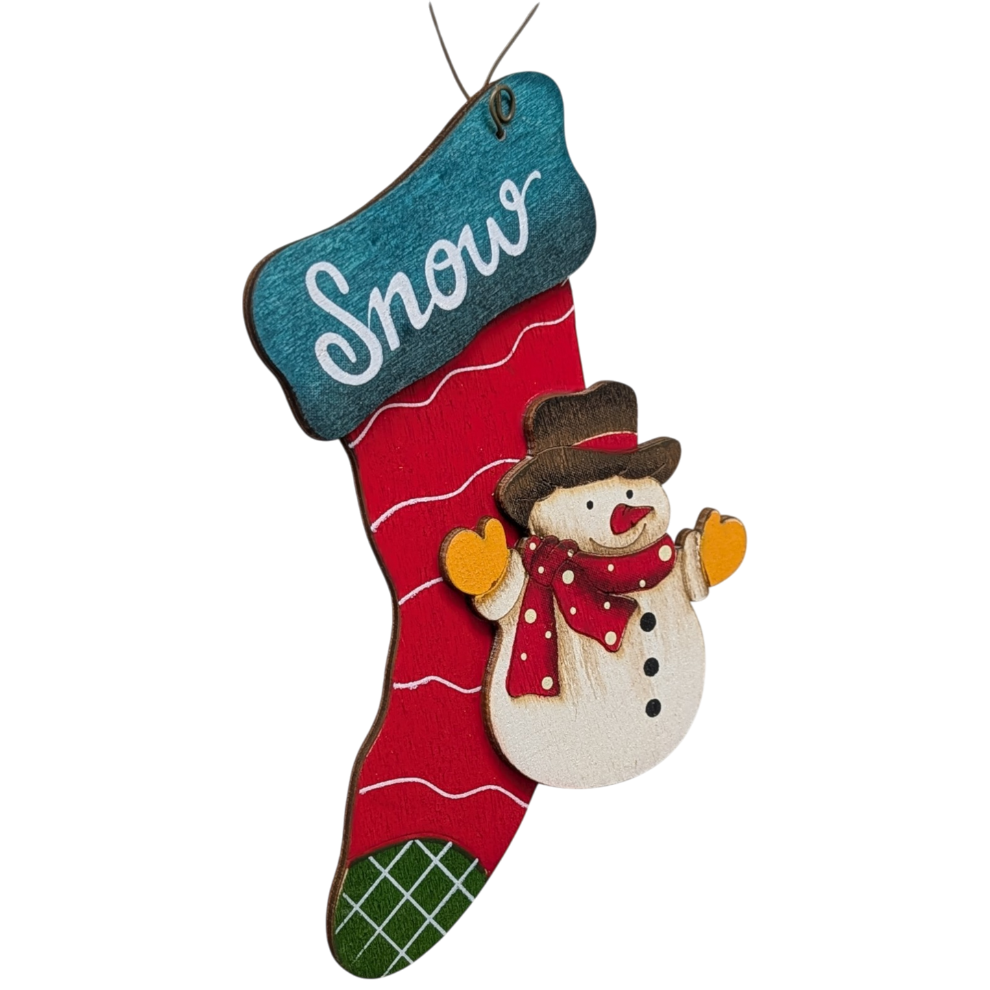 Snowdrift's Stocking Magic: Hand-Painted Plywood Ornament