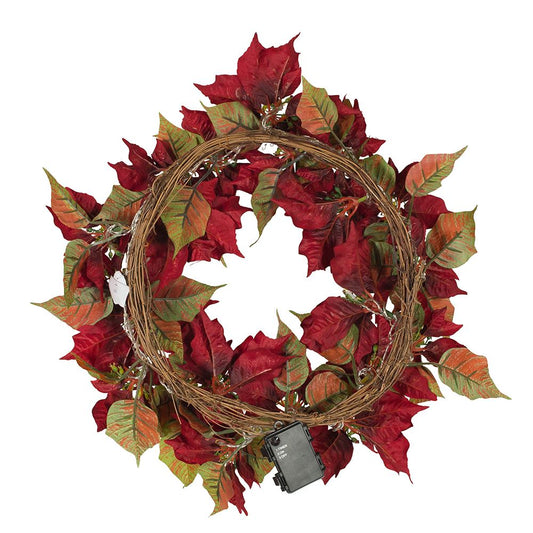 24" Battery-Operated Pre-Lit Red Poinsettia Wreath