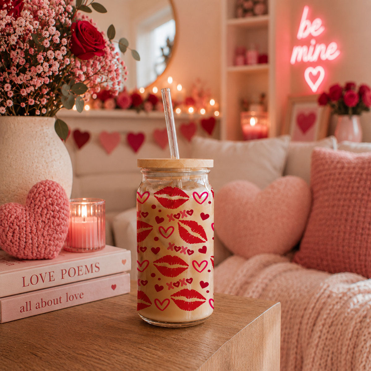 Bold and fun wholesale 20oz glass cups with red lips, hearts, and XOXO.
Wholesale glass cups with red lips, XOXO, and hearts for Galentine’s Day gifts.
Wholesale 20oz glass cups with red lips, hearts, and XOXO for retail stores.