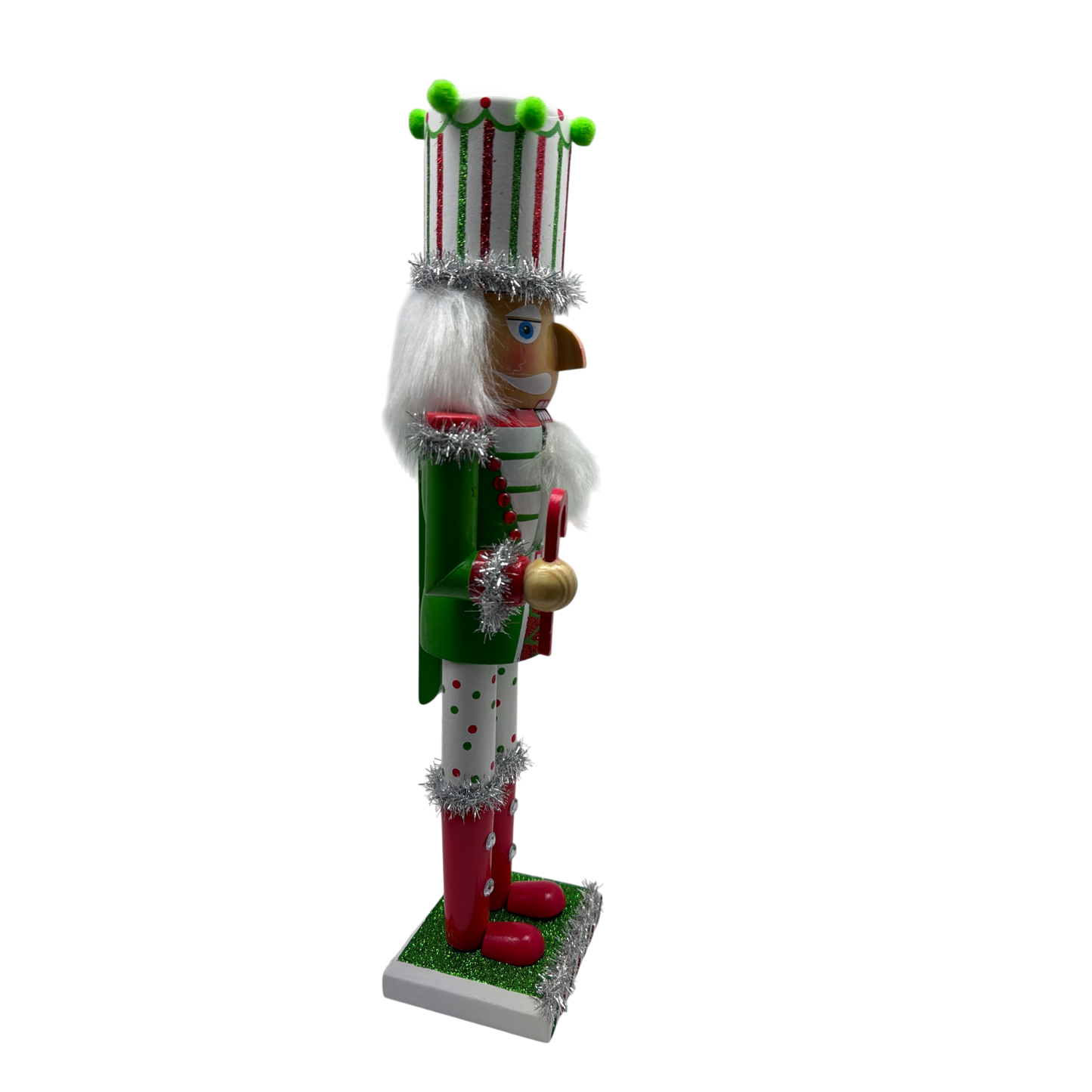 Red White and Green Nutcracker With Striped Hat