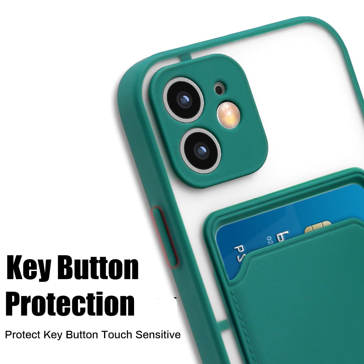 Luxury Card Holder Wallet Case For iPhone 11 Pro Max 12 Mini X XR 7 8 Plus XS Max Hard Solid Color Clear Protection Cover  Soft Silicone Shockproof Back Cover