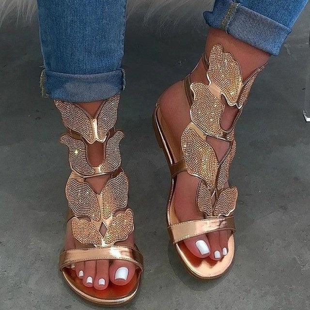 Luxury Summer Fashion Rhinestone Sandal Women Butterfly Soft Non-slip Flat Shoes Casual Breathable Outdoor Beach Rhinestone Sandals Women's Flat Sandals Jeweled Party Sandals