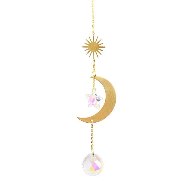 Metallic Hoop Moon Sun Wind Chimes K9 Crystal Prisms Hanging Sun-catcher Rainbow Chaser Window Curtains Pendant Home Decor Gifts For Wall Hanging Decor Room Home Photography Prop