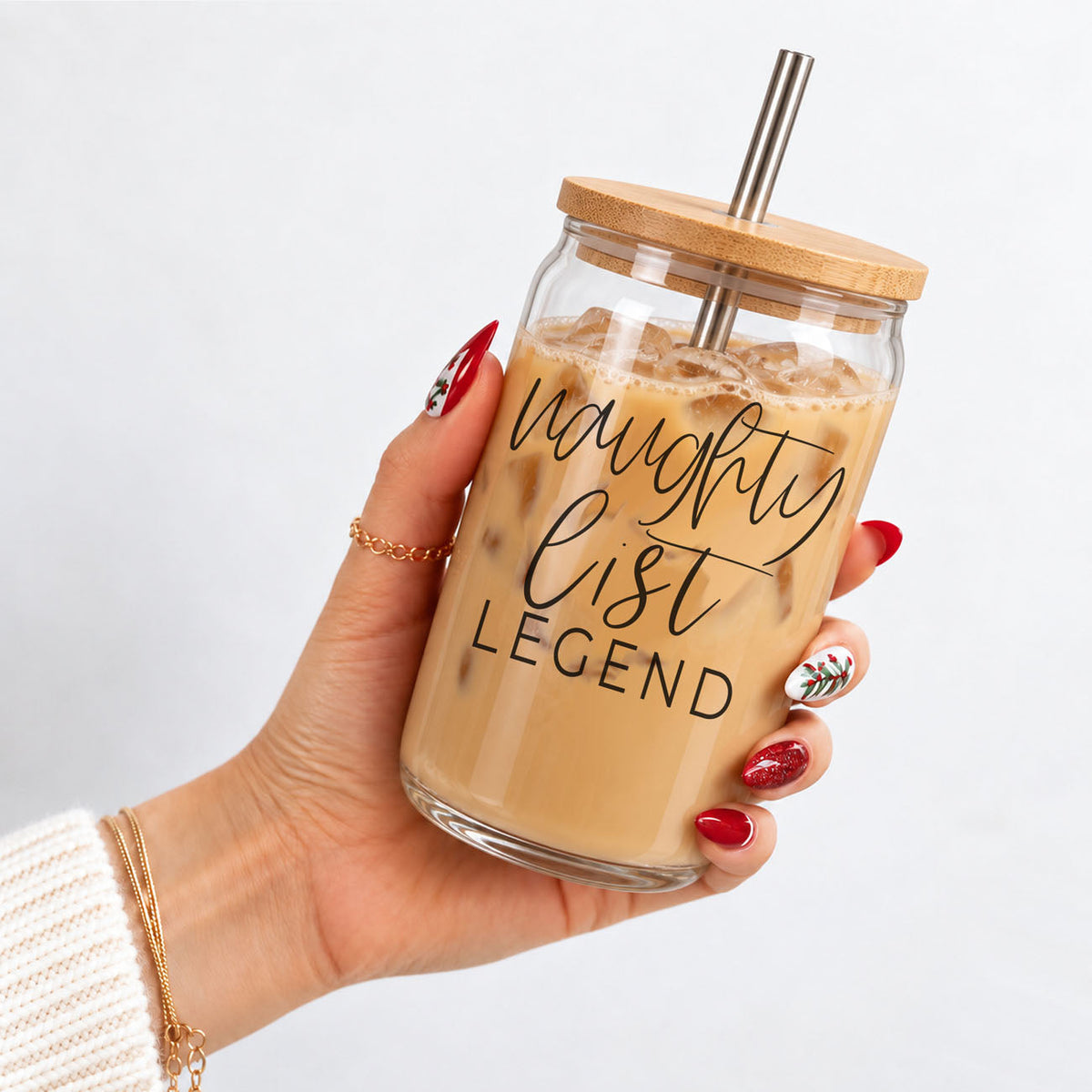 17oz Christmas Glass Tumbler With Bamboo Lid & Straw – Naughty List Legend Iced Coffee Cup