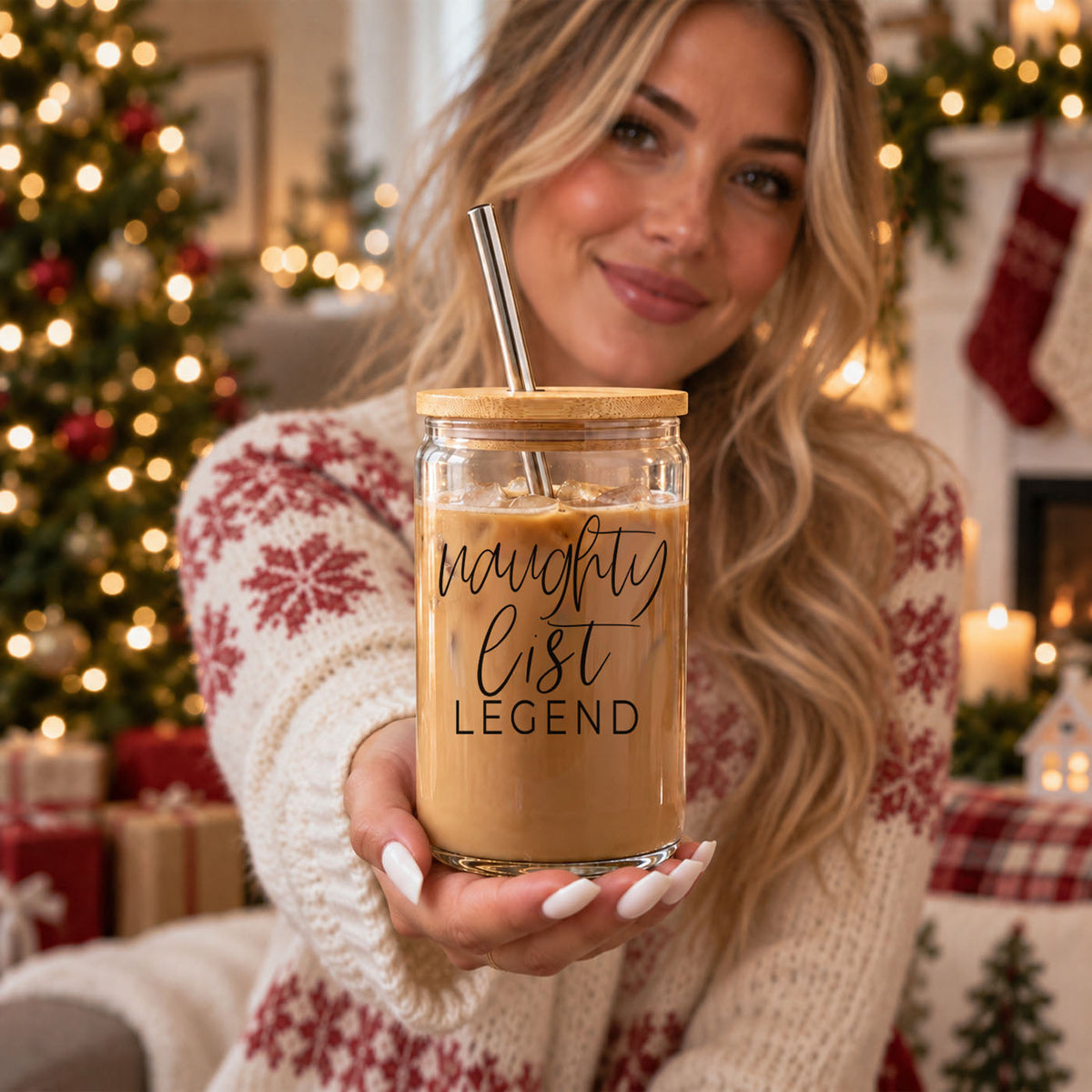 funny Christmas coffee tumbler for her
Naughty List gift for women
holiday glass tumbler with bamboo lid
17 ounce Christmas glass coffee cup