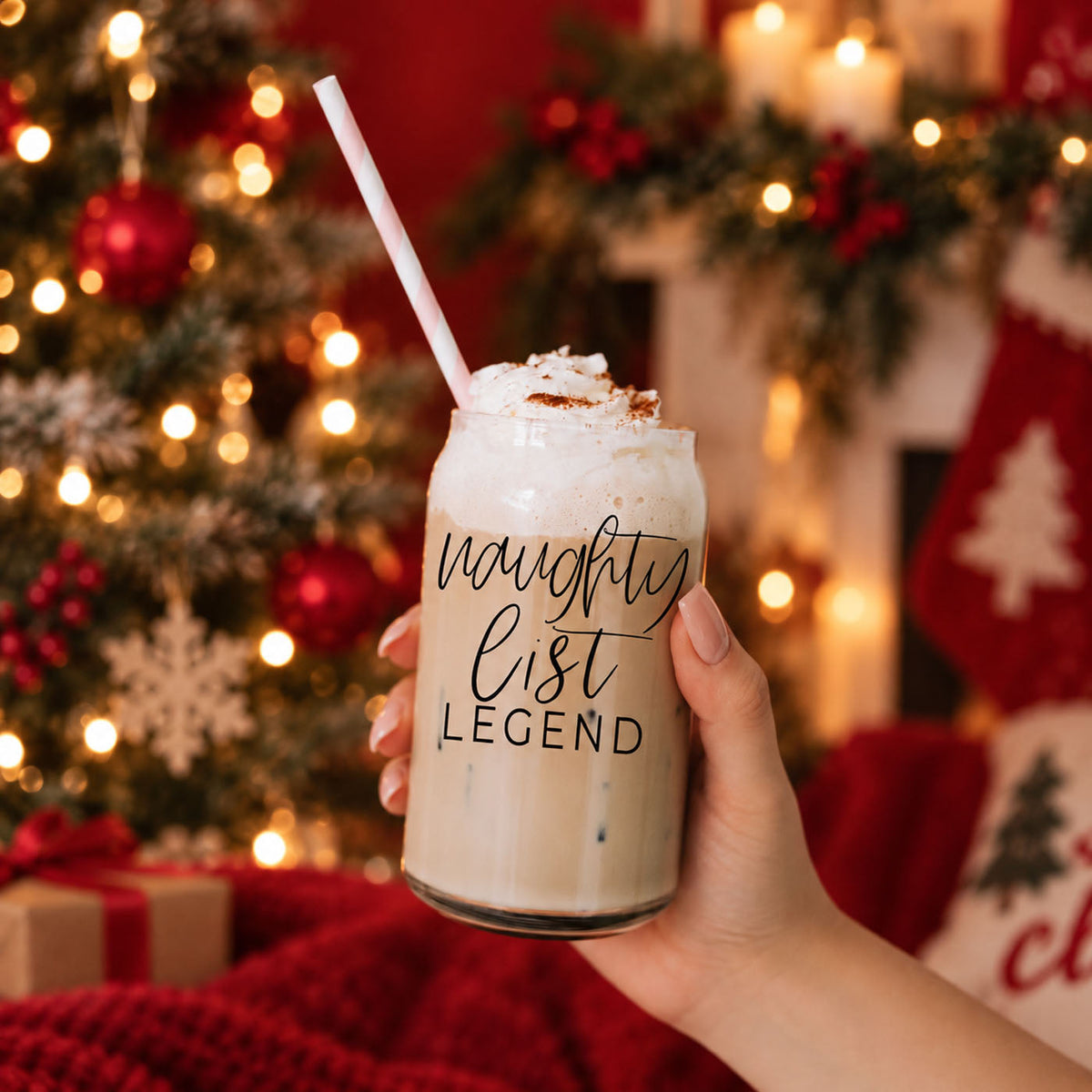 Naughty List Legend Christmas Glass Tumbler 17oz With Bamboo Lid & Metal Straw – Funny Holiday Coffee Cup